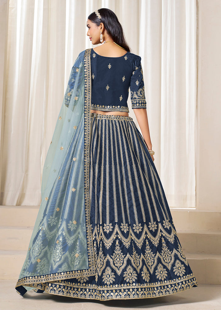 Buy Now Navy Blue Embroidered Art Silk Wedding Lehenga Choli Online in USA, UK, Canada, France, Italy, Germany, Austria, Qatar, UAE & Worldwide at Empress.