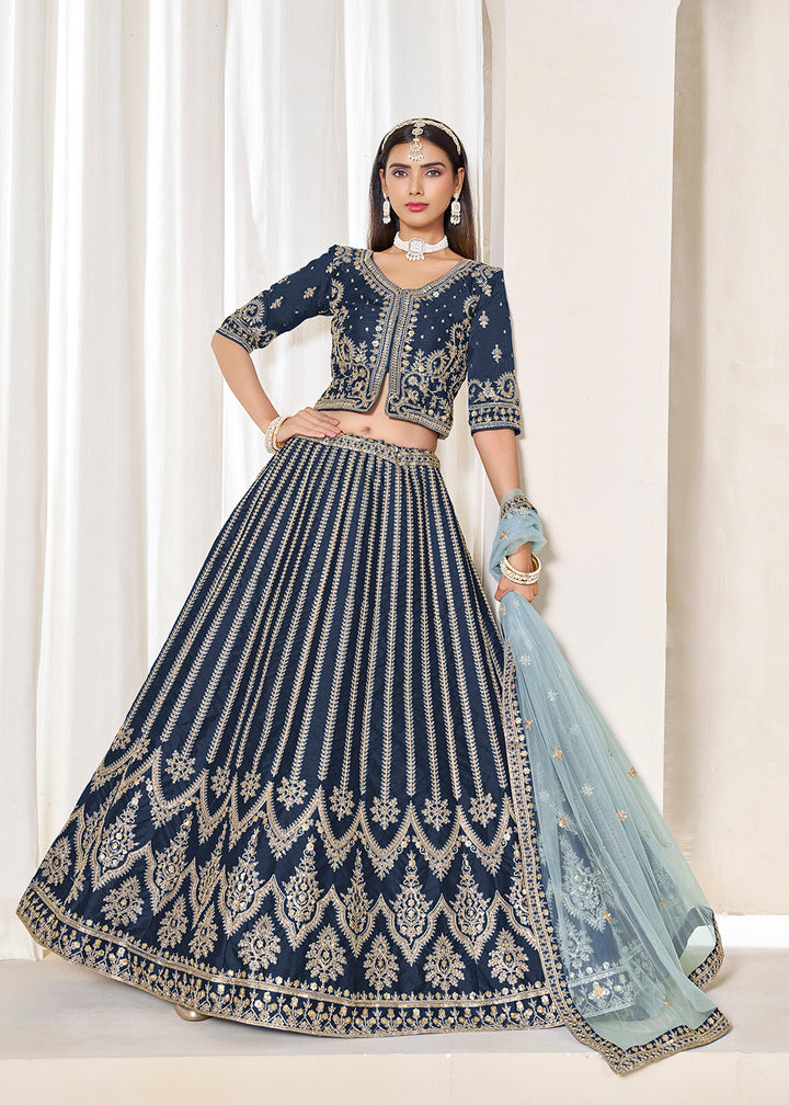 Buy Now Navy Blue Embroidered Art Silk Wedding Lehenga Choli Online in USA, UK, Canada, France, Italy, Germany, Austria, Qatar, UAE & Worldwide at Empress.