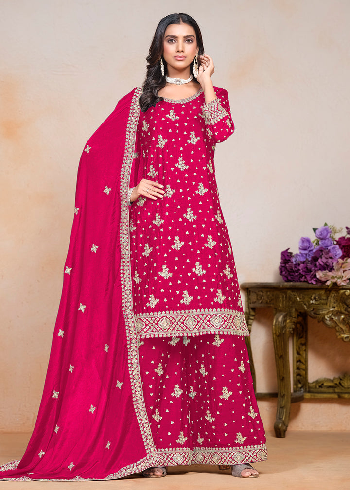 Buy Now Hot Pink Sequins Embroidered Chinnon Festive Palazzo Suit Online in USA, UK, Canada, Germany & Worldwide at Empress Clothing.