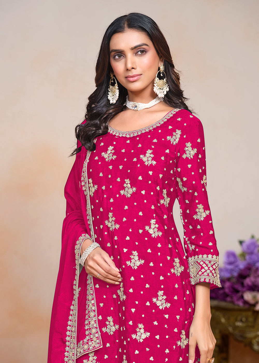 Buy Now Hot Pink Sequins Embroidered Chinnon Festive Palazzo Suit Online in USA, UK, Canada, Germany & Worldwide at Empress Clothing.