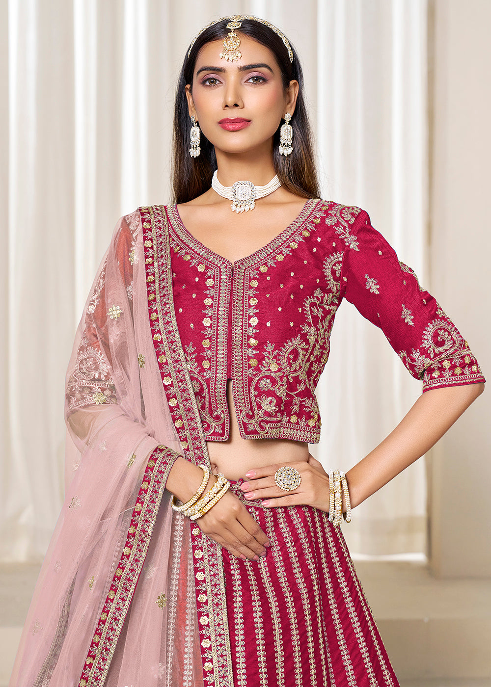 Buy Now Hot Pink Embroidered Art Silk Wedding Lehenga Choli Online in USA, UK, Canada, France, Italy, Germany, Austria, Qatar, UAE & Worldwide at Empress.
