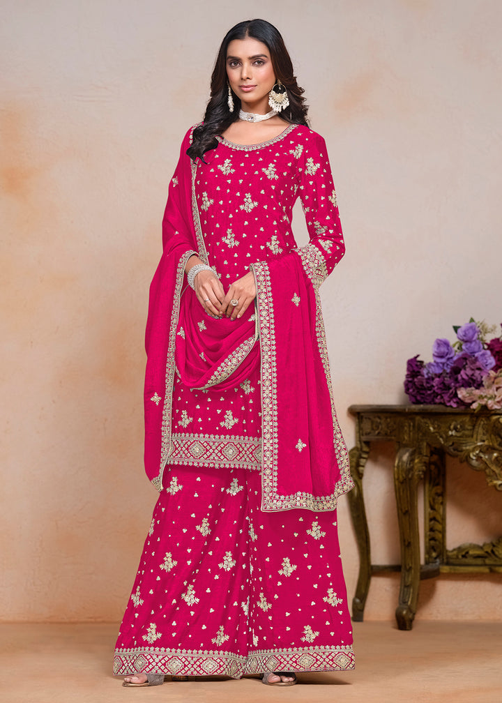 Buy Now Hot Pink Sequins Embroidered Chinnon Festive Palazzo Suit Online in USA, UK, Canada, Germany & Worldwide at Empress Clothing.