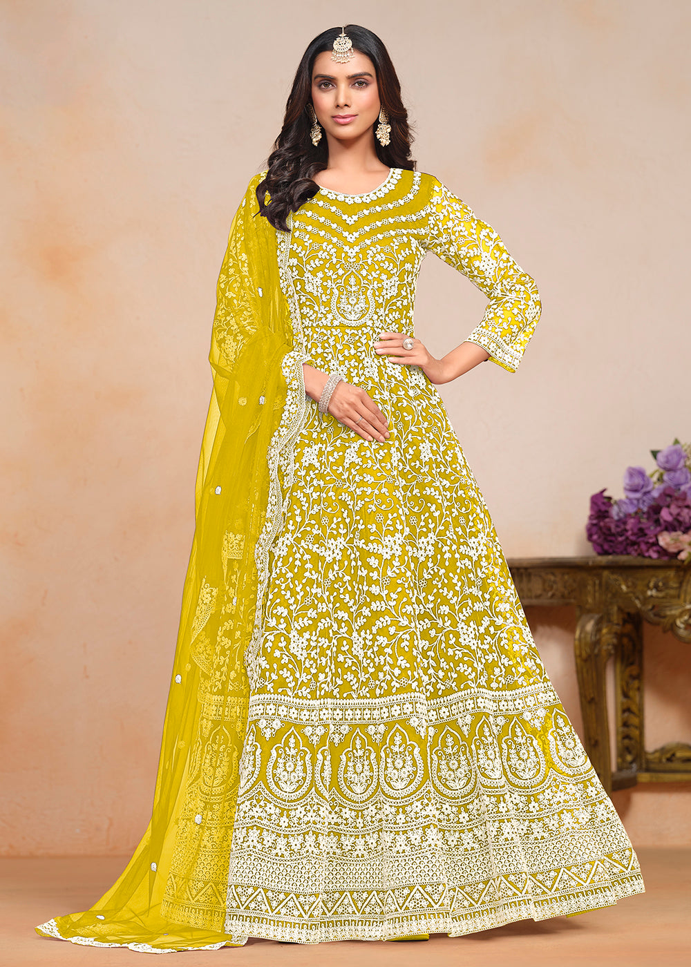 Buy Now Festive Yellow Embroidered Net Designer Anarkali Dress Online in USA, UK, Australia, Italy, Germany, Canada & Worldwide at Empress Clothing.