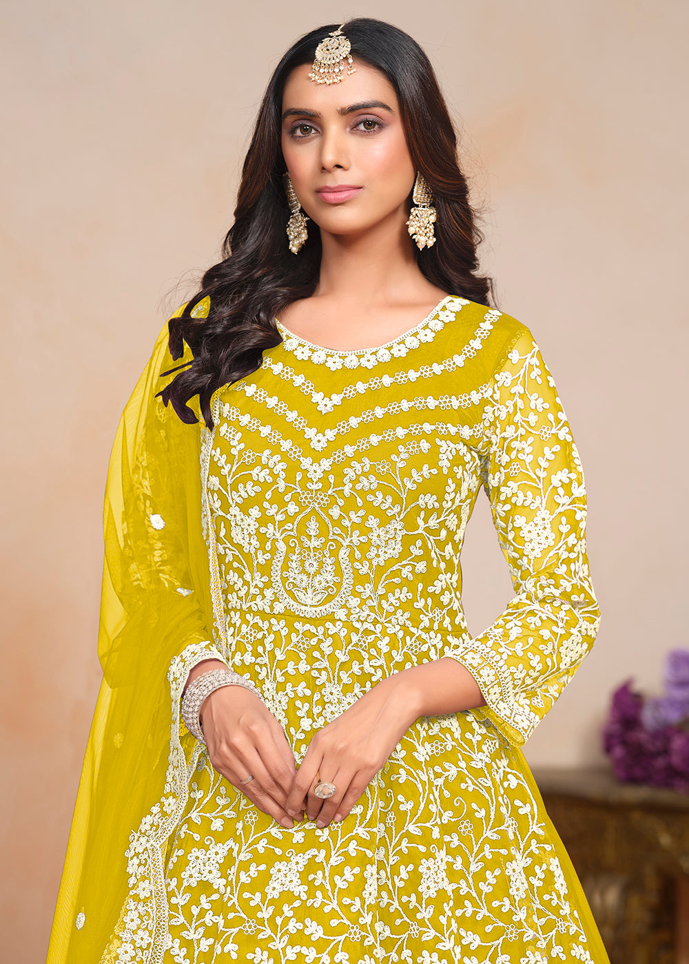 Buy Now Festive Yellow Embroidered Net Designer Anarkali Dress Online in USA, UK, Australia, Italy, Germany, Canada & Worldwide at Empress Clothing.