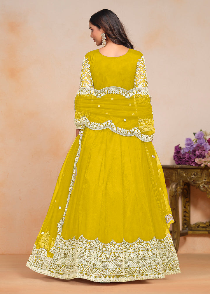 Buy Now Festive Yellow Embroidered Net Designer Anarkali Dress Online in USA, UK, Australia, Italy, Germany, Canada & Worldwide at Empress Clothing.