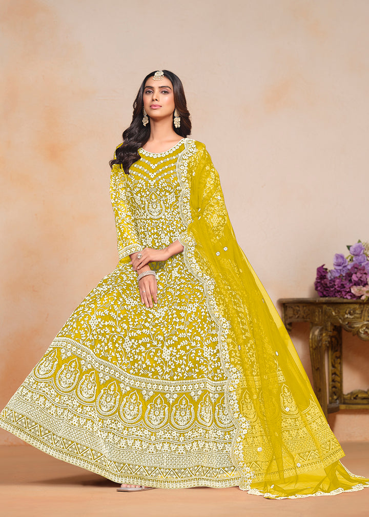 Buy Now Festive Yellow Embroidered Net Designer Anarkali Dress Online in USA, UK, Australia, Italy, Germany, Canada & Worldwide at Empress Clothing.