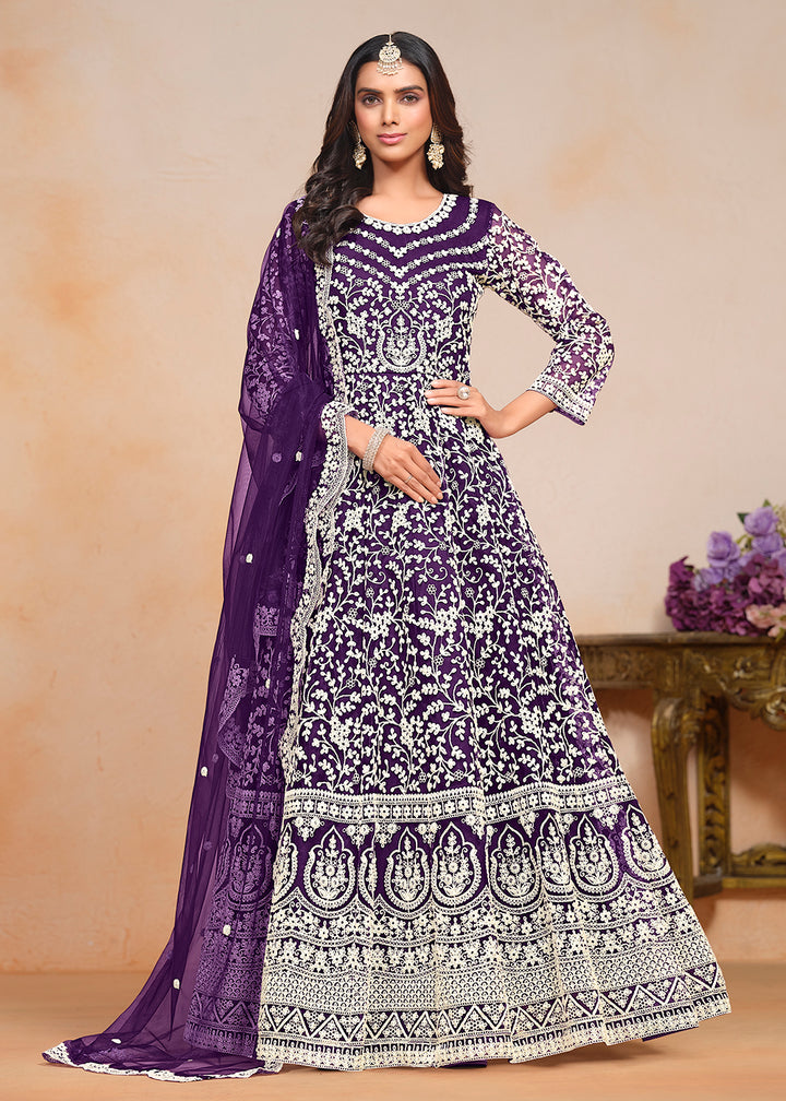 Buy Now Festive Purple Embroidered Net Designer Anarkali Dress Online in USA, UK, Australia, Italy, Germany, Canada & Worldwide at Empress Clothing.