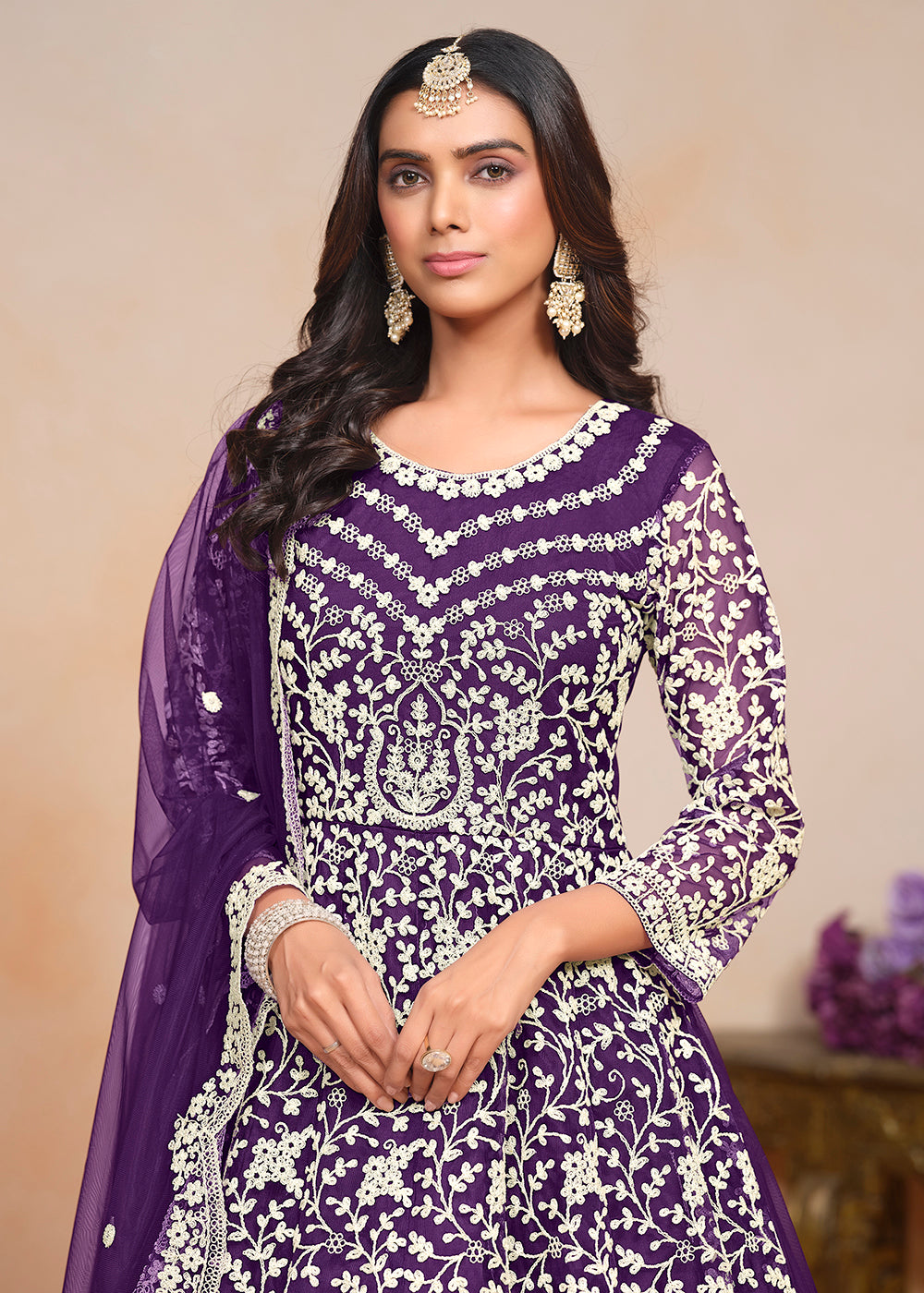 Buy Now Festive Purple Embroidered Net Designer Anarkali Dress Online in USA, UK, Australia, Italy, Germany, Canada & Worldwide at Empress Clothing.