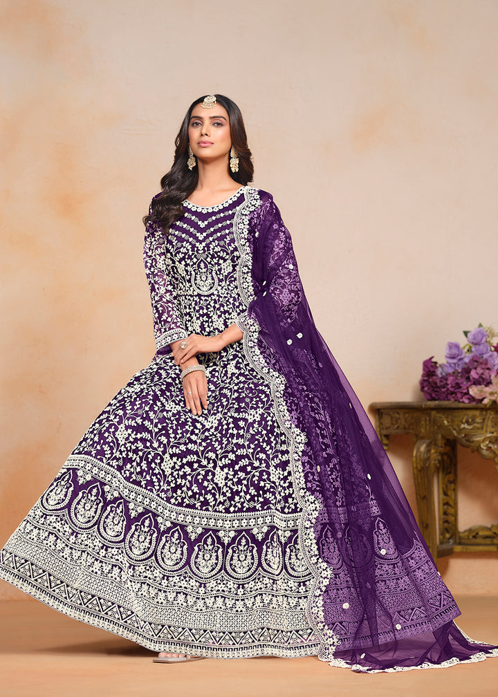 Buy Now Festive Purple Embroidered Net Designer Anarkali Dress Online in USA, UK, Australia, Italy, Germany, Canada & Worldwide at Empress Clothing.