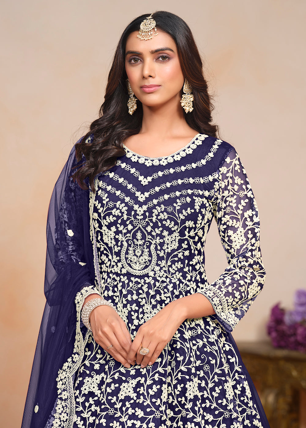 Buy Now Festive Navy Blue Embroidered Net Designer Anarkali Dress Online in USA, UK, Australia, Italy, Germany, Canada & Worldwide at Empress Clothing.