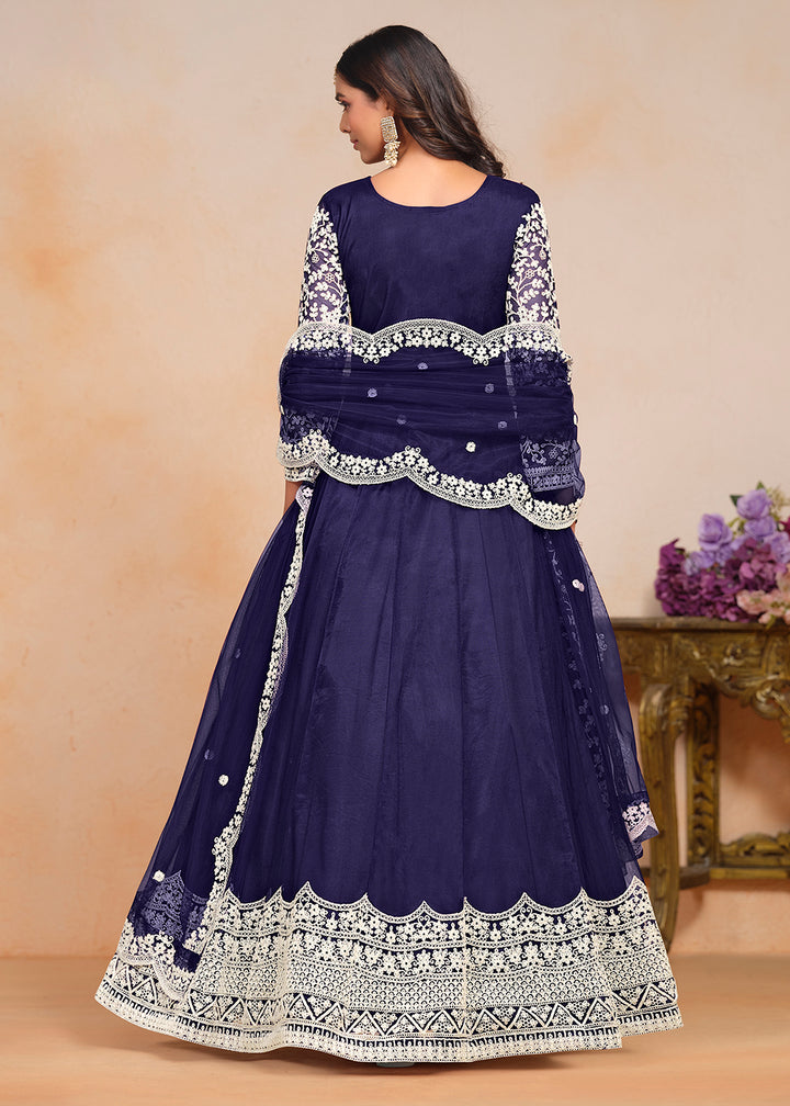 Buy Now Festive Navy Blue Embroidered Net Designer Anarkali Dress Online in USA, UK, Australia, Italy, Germany, Canada & Worldwide at Empress Clothing.