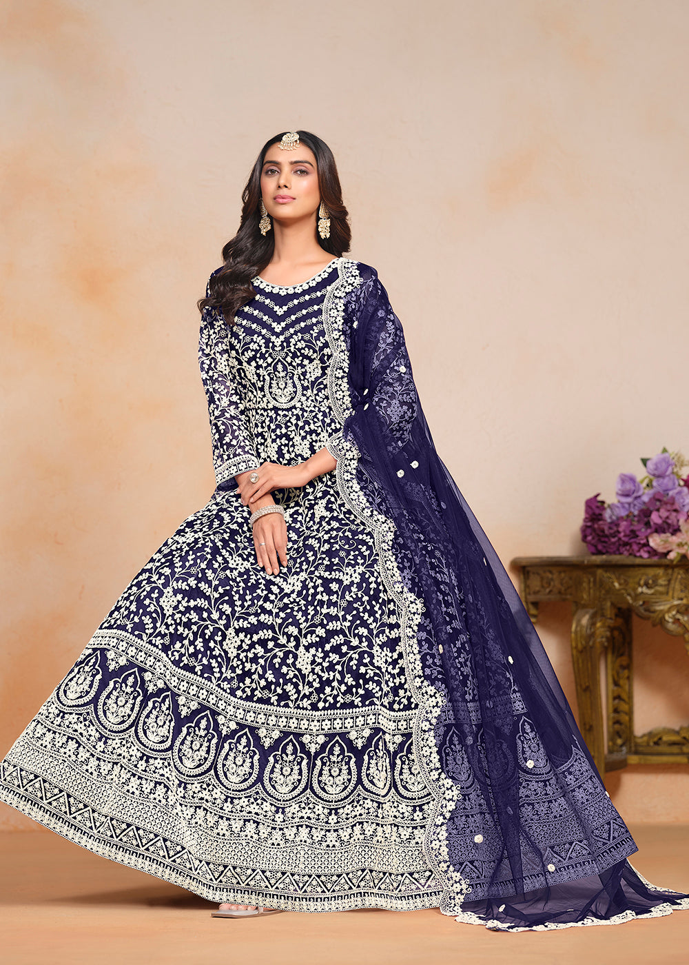 Buy Now Festive Navy Blue Embroidered Net Designer Anarkali Dress Online in USA, UK, Australia, Italy, Germany, Canada & Worldwide at Empress Clothing.