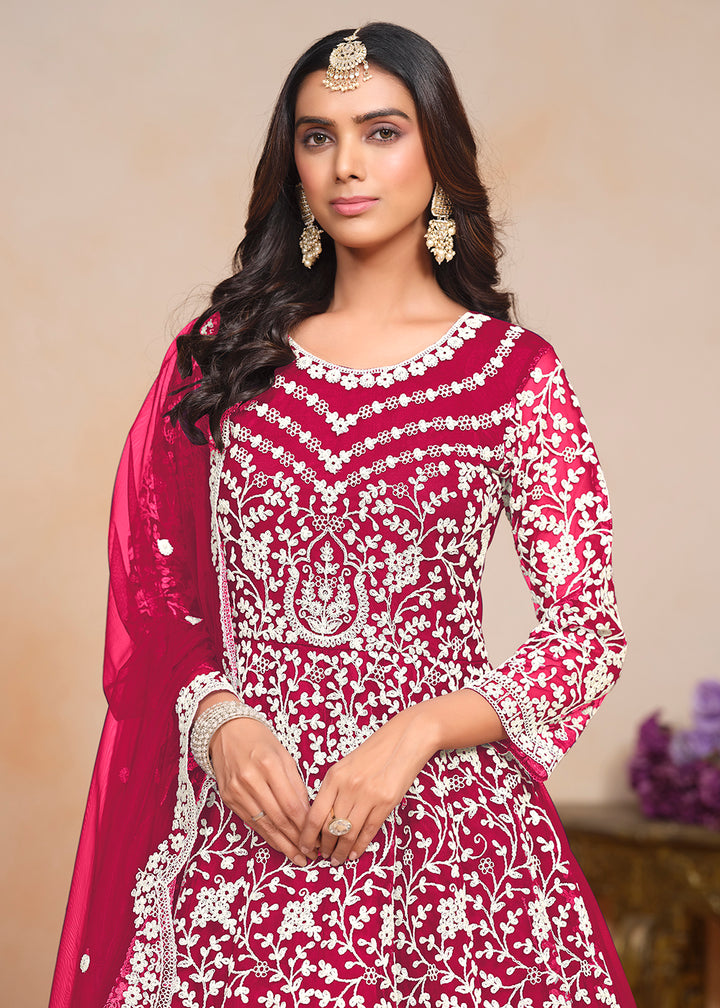 Buy Now Festive Hot Pink Embroidered Net Designer Anarkali Dress Online in USA, UK, Australia, Italy, Germany, Canada & Worldwide at Empress Clothing. 