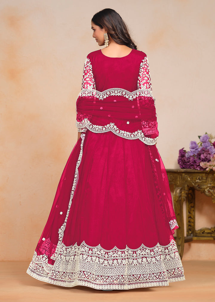 Buy Now Festive Hot Pink Embroidered Net Designer Anarkali Dress Online in USA, UK, Australia, Italy, Germany, Canada & Worldwide at Empress Clothing. 