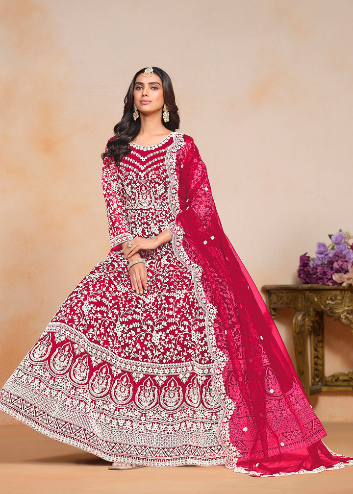 Buy Now Festive Hot Pink Embroidered Net Designer Anarkali Dress Online in USA, UK, Australia, Italy, Germany, Canada & Worldwide at Empress Clothing. 