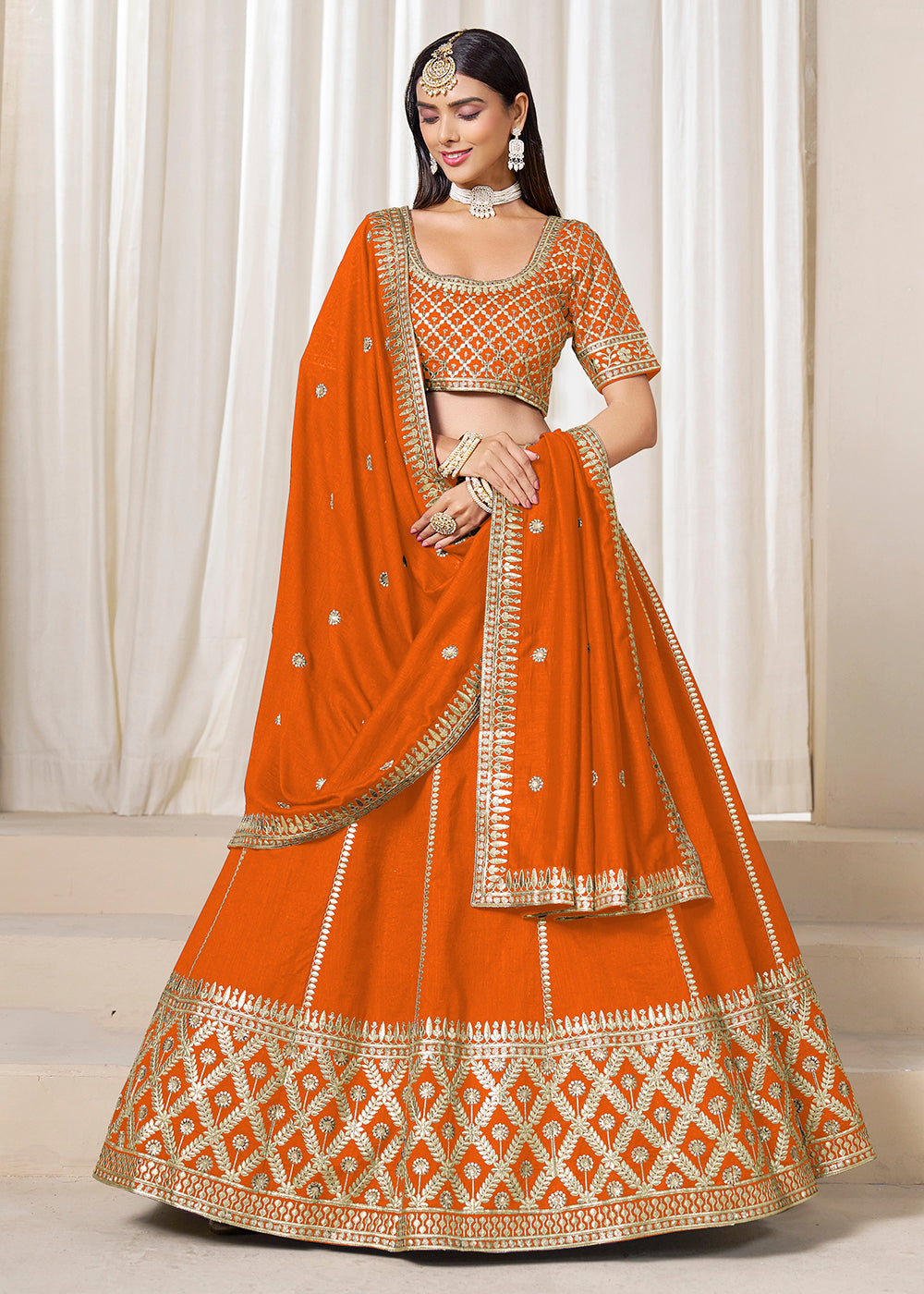 Buy Now Wedding Wear Chic Orange Art Silk Lehenga Choli Online in USA, UK, Canada, France, Italy, Germany, Austria, Qatar, UAE, Denmark & Worldwide at Empress.