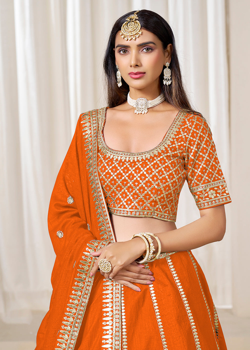Buy Now Wedding Wear Chic Orange Art Silk Lehenga Choli Online in USA, UK, Canada, France, Italy, Germany, Austria, Qatar, UAE, Denmark & Worldwide at Empress.