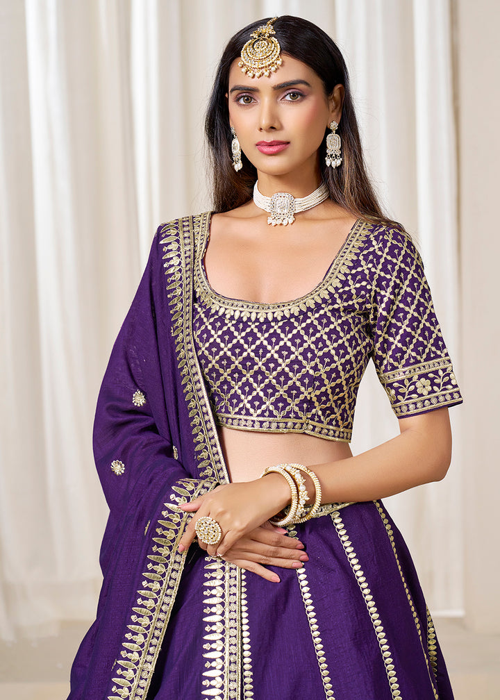 Buy Now Wedding Wear Dark Purple Art Silk Lehenga Choli Online in USA, UK, Canada, France, Italy, Germany, Austria, Qatar, UAE, Denmark & Worldwide at Empress.