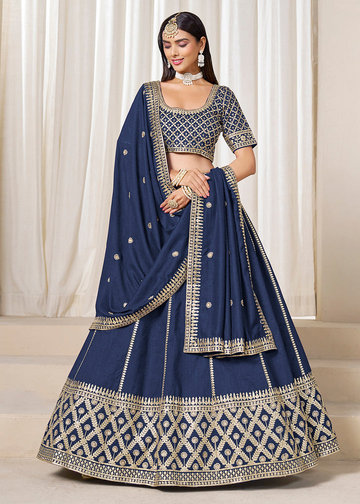 Buy Now Wedding Wear Prussian Blue Art Silk Lehenga Choli Online in USA, UK, Canada, France, Italy, Germany, Austria, Qatar, UAE, Denmark & Worldwide at Empress.