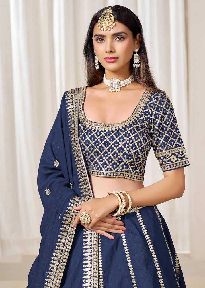 Buy Now Wedding Wear Prussian Blue Art Silk Lehenga Choli Online in USA, UK, Canada, France, Italy, Germany, Austria, Qatar, UAE, Denmark & Worldwide at Empress.
