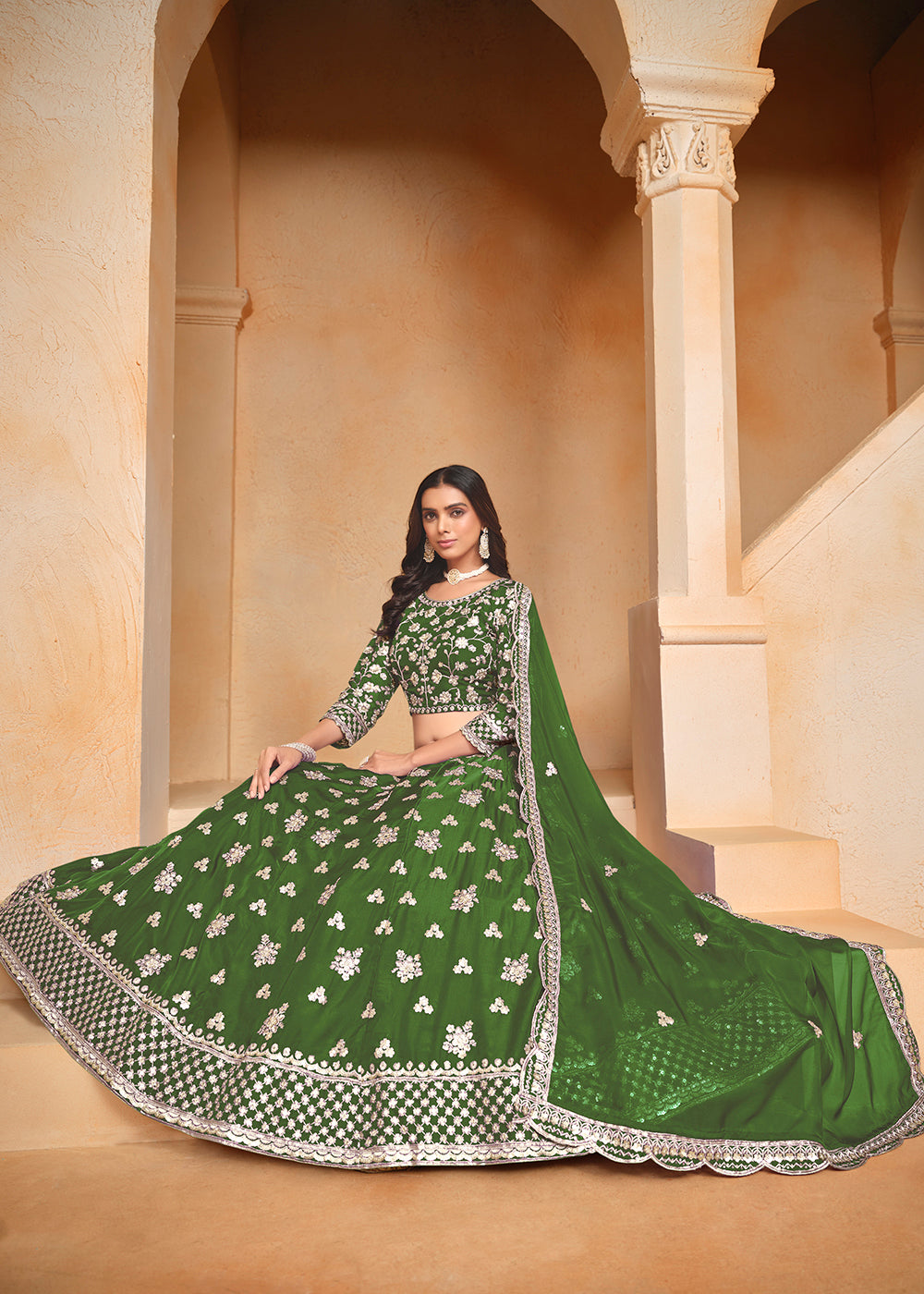 Buy Now Green Organza Embroidered Festive Lehenga Choli Online in USA, UK, Canada, UAE, France & Worldwide at Empress Clothing.