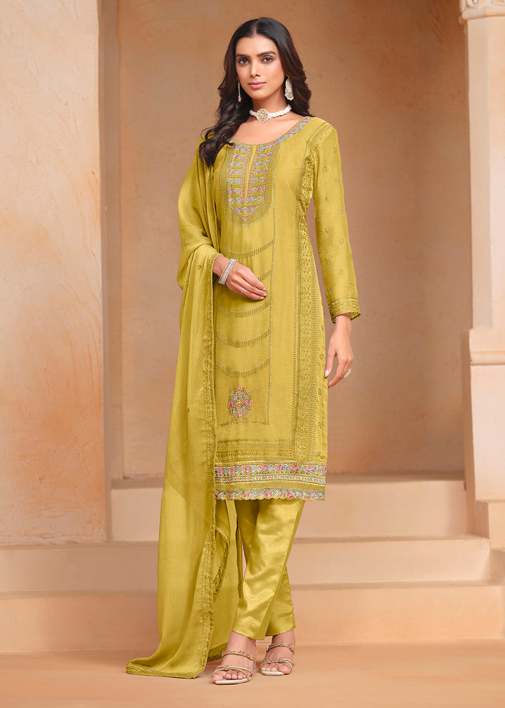 Buy Now Green Organza Chiffon Embroidered Festive Salwar Suit Online in USA, UK, Canada, Germany & Worldwide at Empress Clothing.