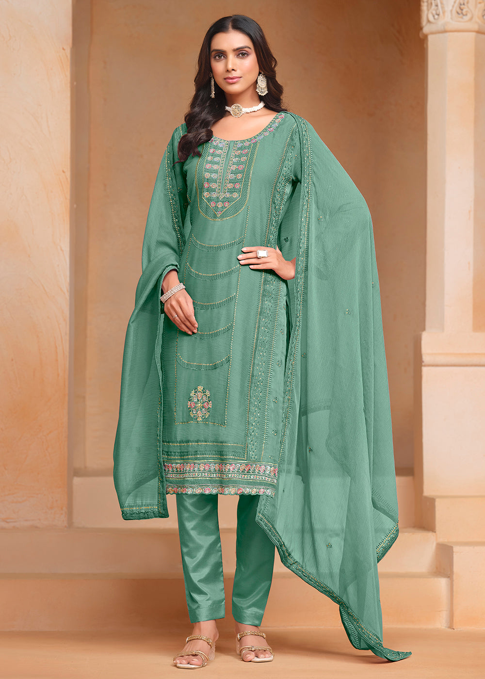 Buy Now Aqua Organza Chiffon Embroidered Festive Salwar Suit Online in USA, UK, Canada, Germany & Worldwide at Empress Clothing. 