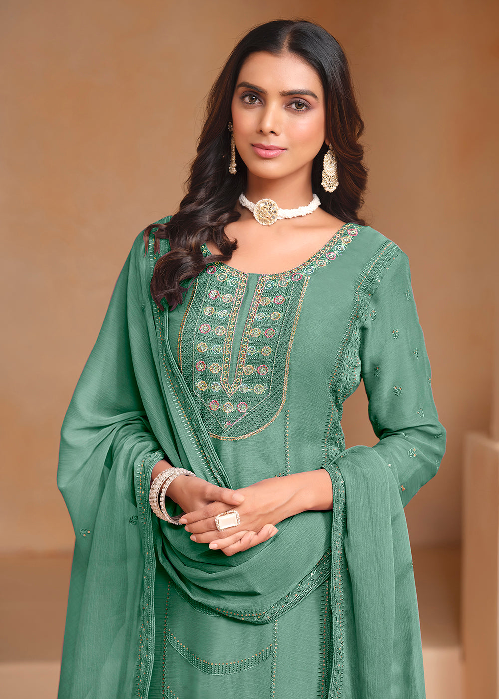 Buy Now Aqua Organza Chiffon Embroidered Festive Salwar Suit Online in USA, UK, Canada, Germany & Worldwide at Empress Clothing. 