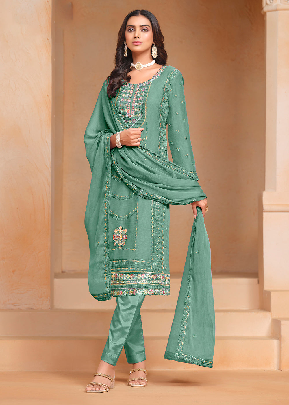 Buy Now Aqua Organza Chiffon Embroidered Festive Salwar Suit Online in USA, UK, Canada, Germany & Worldwide at Empress Clothing. 