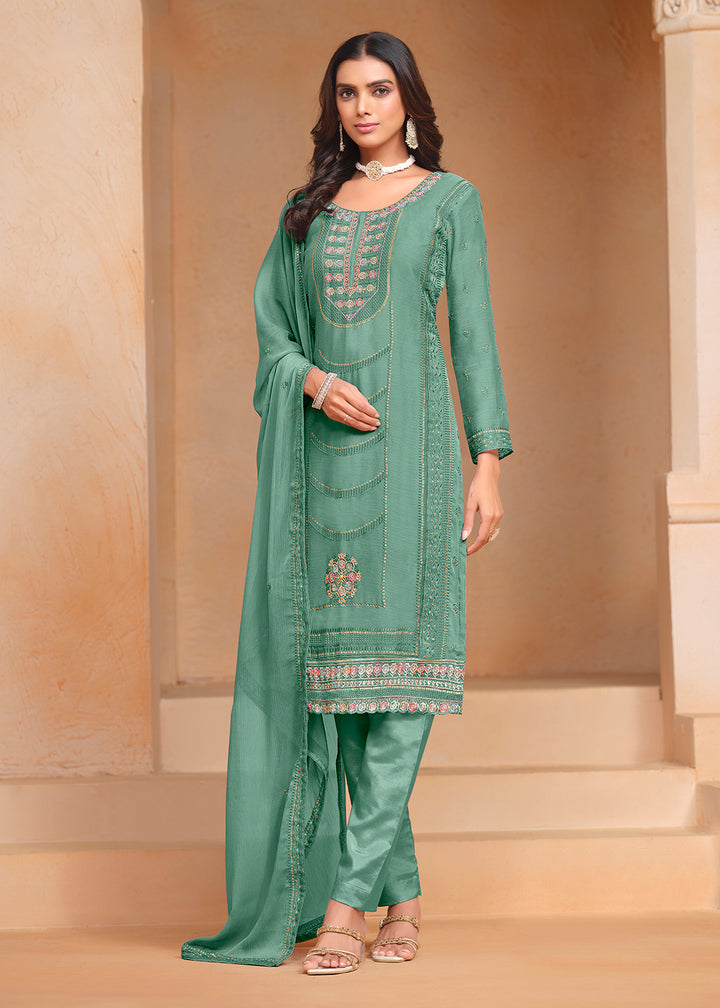 Buy Now Aqua Organza Chiffon Embroidered Festive Salwar Suit Online in USA, UK, Canada, Germany & Worldwide at Empress Clothing. 