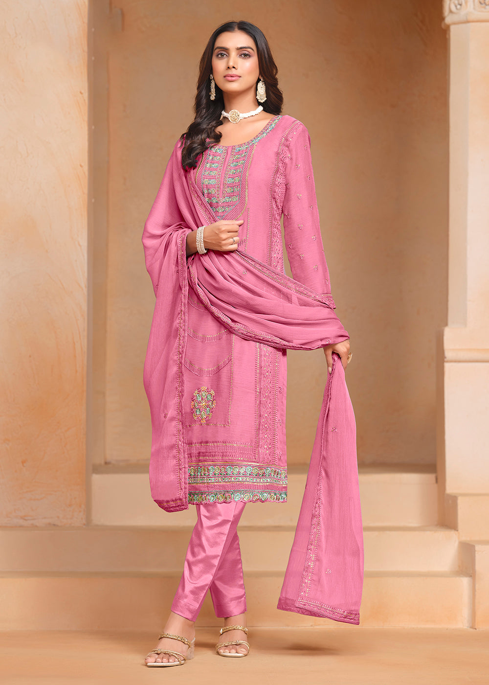 Buy Now Pink Organza Chiffon Embroidered Festive Salwar Suit Online in USA, UK, Canada, Germany & Worldwide at Empress Clothing. 