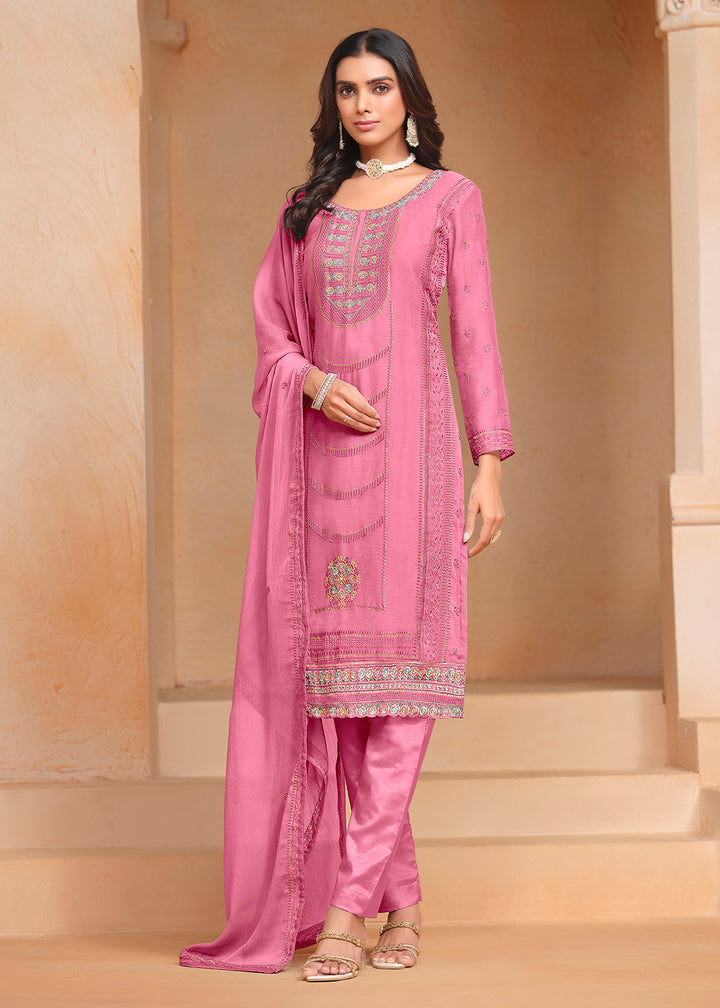 Buy Now Pink Organza Chiffon Embroidered Festive Salwar Suit Online in USA, UK, Canada, Germany & Worldwide at Empress Clothing. 