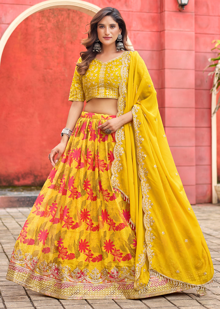 Buy Now A Line Yellow Embroidered Art Silk Lehenga Choli Online in US, UK, Canada, France, Italy, Germany, Austria, Qatar, UAE, Denmark & Worldwide at Empress.