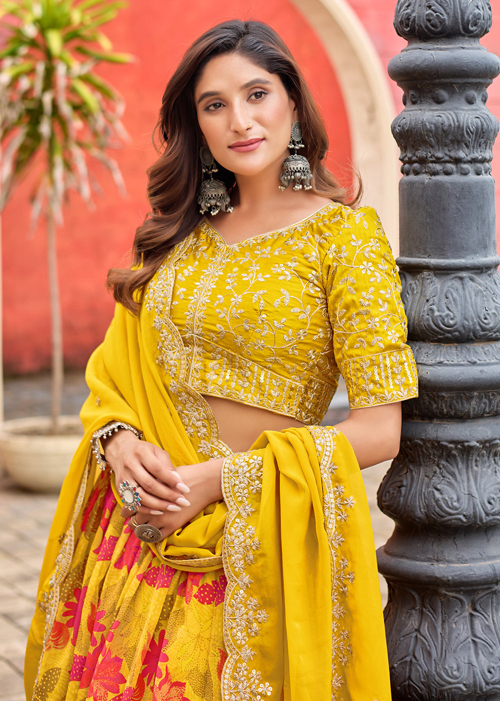 Buy Now A Line Yellow Embroidered Art Silk Lehenga Choli Online in US, UK, Canada, France, Italy, Germany, Austria, Qatar, UAE, Denmark & Worldwide at Empress.