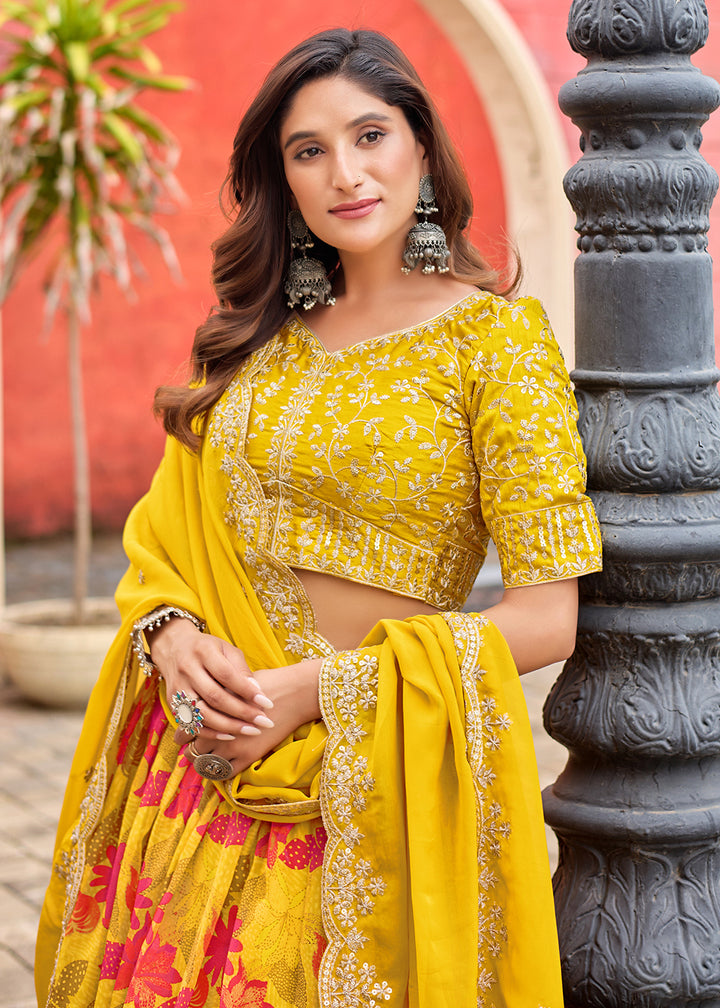 Buy Now A Line Yellow Embroidered Art Silk Lehenga Choli Online in US, UK, Canada, France, Italy, Germany, Austria, Qatar, UAE, Denmark & Worldwide at Empress.