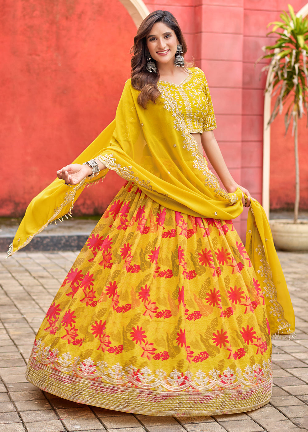 Buy Now A Line Yellow Embroidered Art Silk Lehenga Choli Online in US, UK, Canada, France, Italy, Germany, Austria, Qatar, UAE, Denmark & Worldwide at Empress.