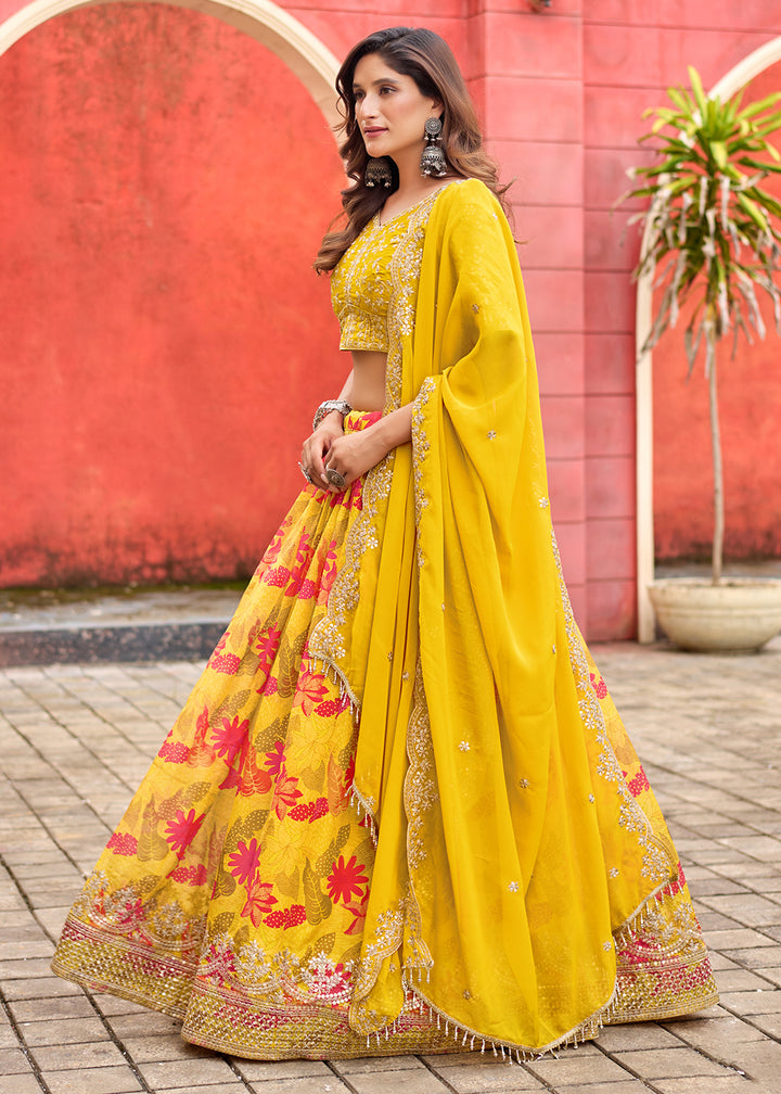 Buy Now A Line Yellow Embroidered Art Silk Lehenga Choli Online in US, UK, Canada, France, Italy, Germany, Austria, Qatar, UAE, Denmark & Worldwide at Empress.