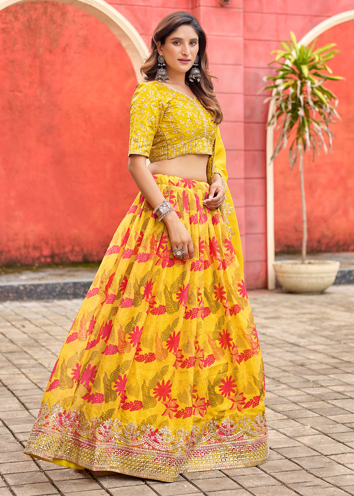 Buy Now A Line Yellow Embroidered Art Silk Lehenga Choli Online in US, UK, Canada, France, Italy, Germany, Austria, Qatar, UAE, Denmark & Worldwide at Empress.