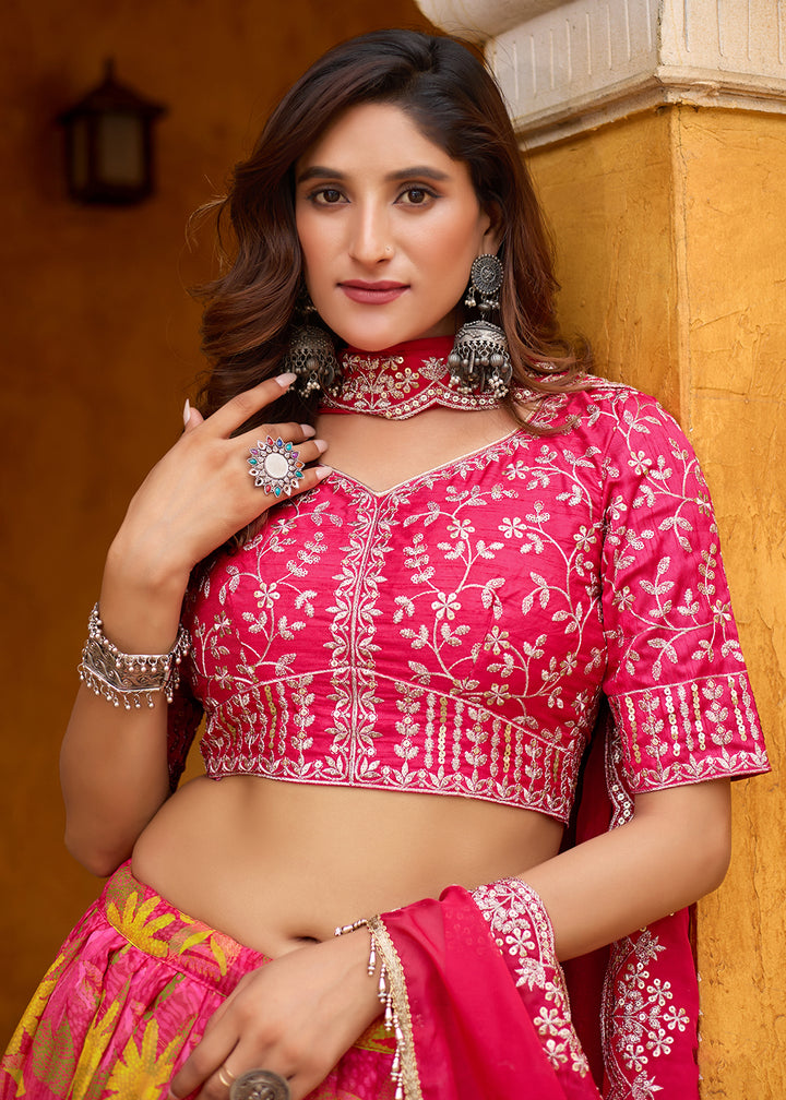 Buy Now A Line Pink Embroidered Art Silk Lehenga Choli Online in US, UK, Canada, France, Italy, Germany, Austria, Qatar, UAE, Denmark & Worldwide at Empress.