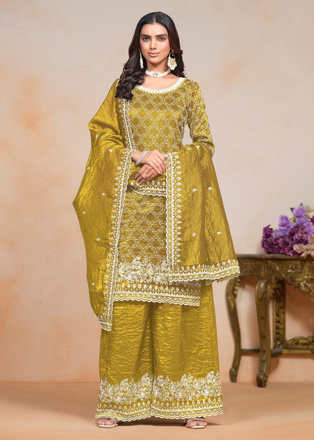 Buy Now Mustard Yellow Gold Crushed Embroidered Palazzo Suit Online in USA, UK, Canada, Germany & Worldwide at Empress Clothing.