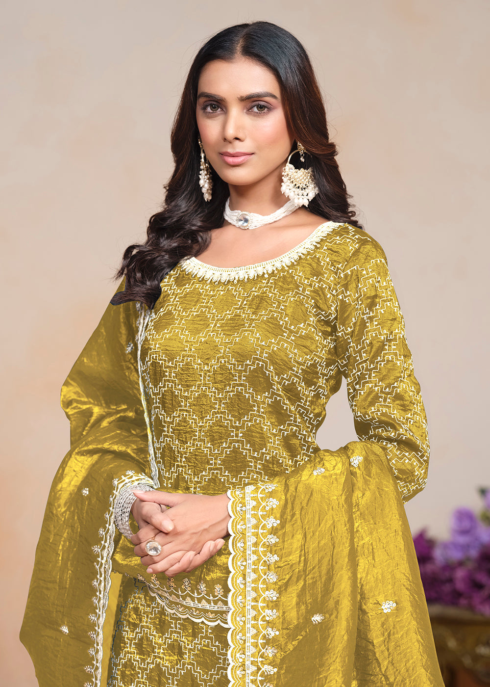 Buy Now Mustard Yellow Gold Crushed Embroidered Palazzo Suit Online in USA, UK, Canada, Germany & Worldwide at Empress Clothing.