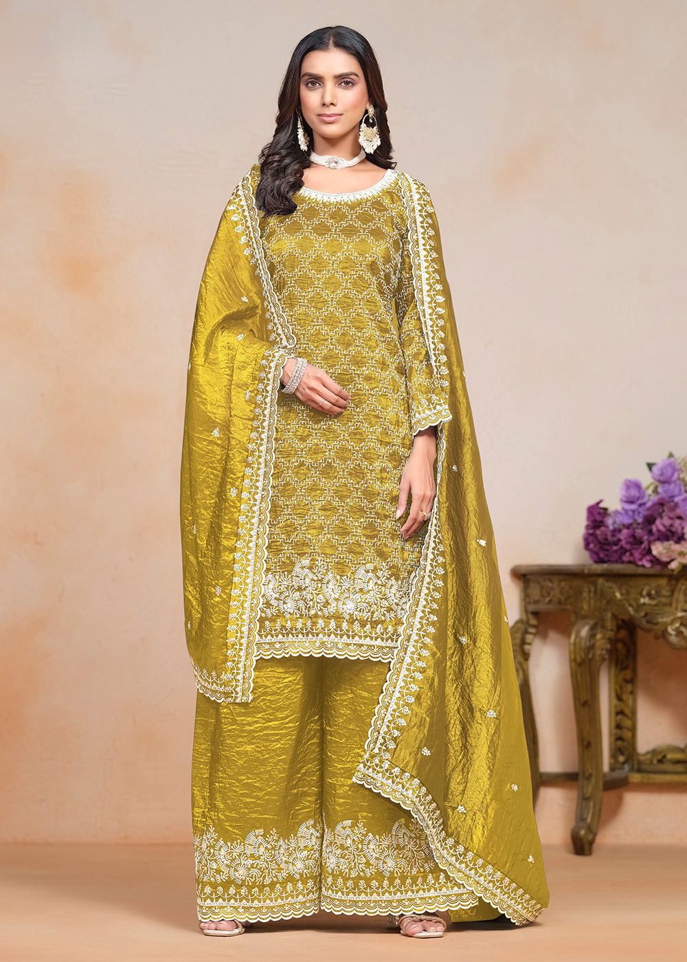 Buy Now Mustard Yellow Gold Crushed Embroidered Palazzo Suit Online in USA, UK, Canada, Germany & Worldwide at Empress Clothing.