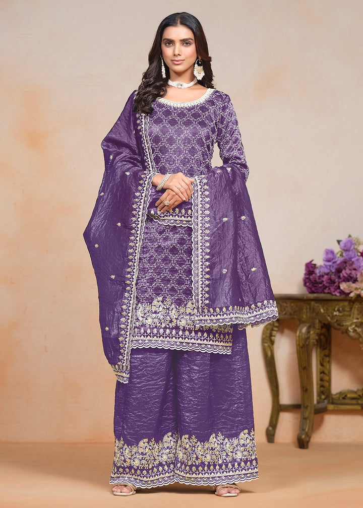 Buy Now Plum Purple Gold Crushed Embroidered Palazzo Suit Online in USA, UK, Canada, Germany & Worldwide at Empress Clothing.