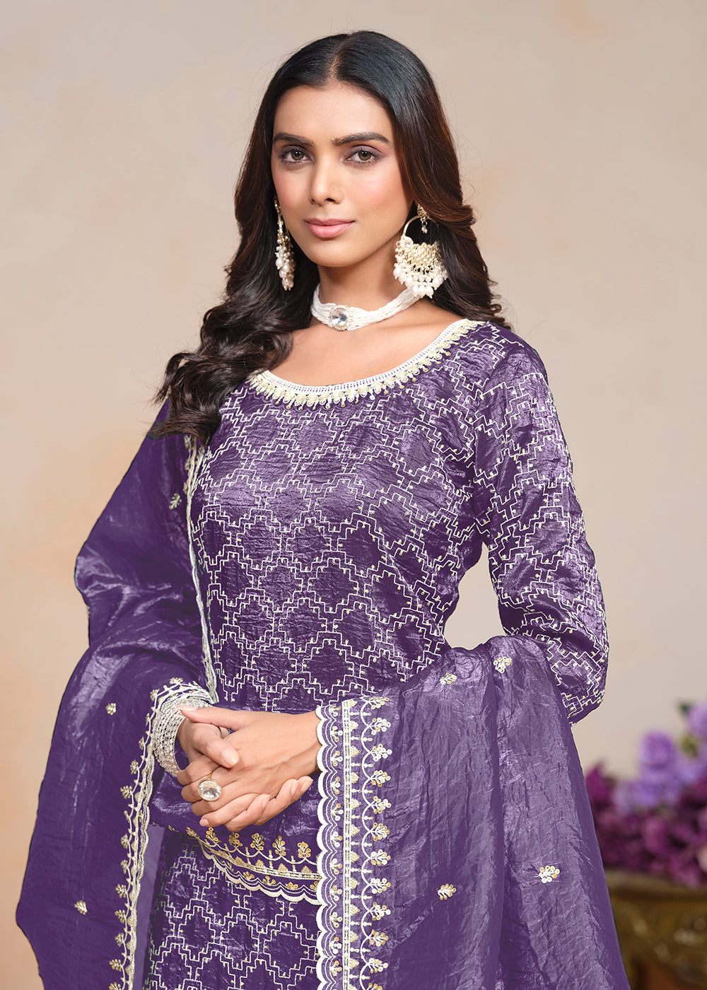 Buy Now Plum Purple Gold Crushed Embroidered Palazzo Suit Online in USA, UK, Canada, Germany & Worldwide at Empress Clothing.