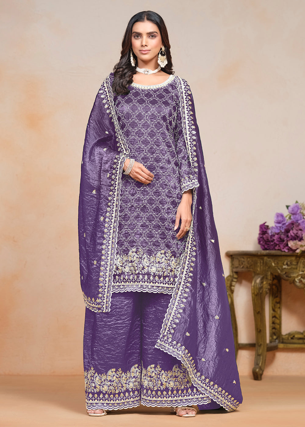 Buy Now Plum Purple Gold Crushed Embroidered Palazzo Suit Online in USA, UK, Canada, Germany & Worldwide at Empress Clothing.