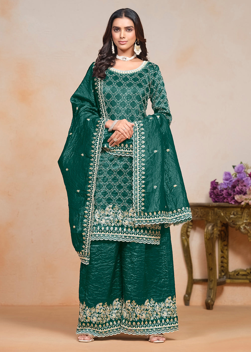 Buy Now Rama Green Gold Crushed Embroidered Palazzo Suit Online in USA, UK, Canada, Germany & Worldwide at Empress Clothing.