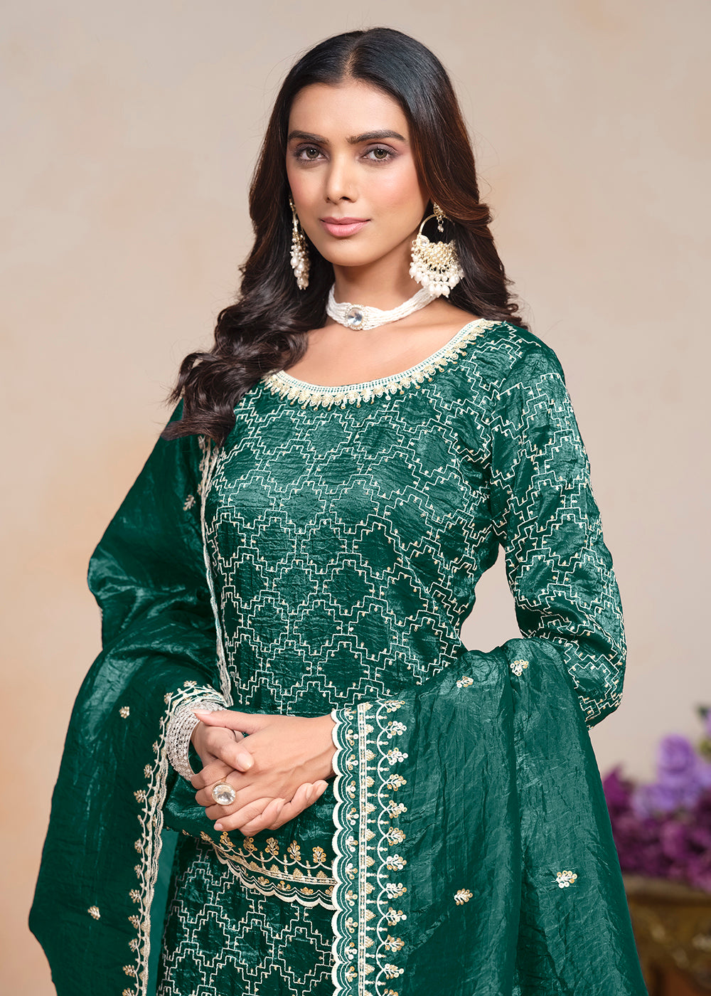 Buy Now Rama Green Gold Crushed Embroidered Palazzo Suit Online in USA, UK, Canada, Germany & Worldwide at Empress Clothing.