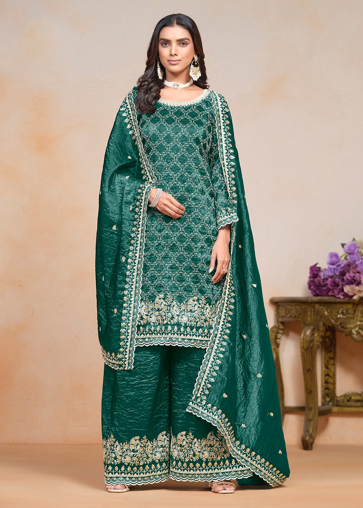 Buy Now Rama Green Gold Crushed Embroidered Palazzo Suit Online in USA, UK, Canada, Germany & Worldwide at Empress Clothing.