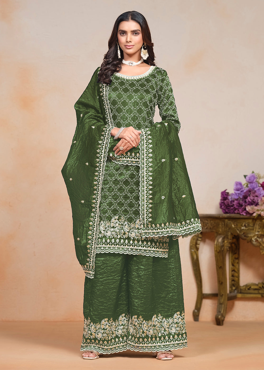 Buy Now Olive Green Gold Crushed Embroidered Palazzo Suit Online in USA, UK, Canada, Germany & Worldwide at Empress Clothing.