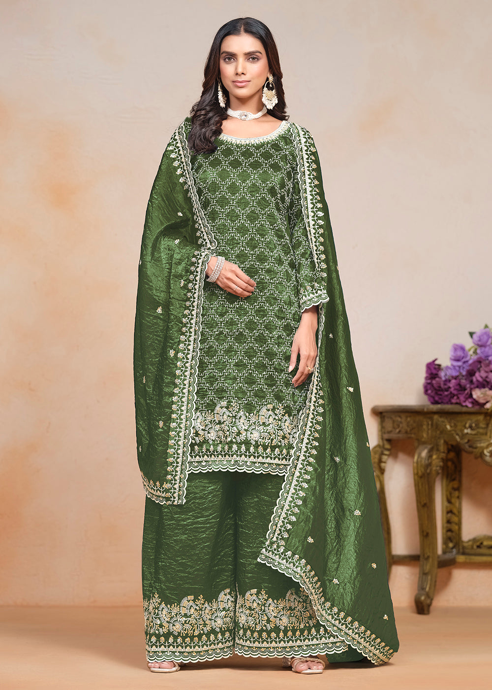 Buy Now Olive Green Gold Crushed Embroidered Palazzo Suit Online in USA, UK, Canada, Germany & Worldwide at Empress Clothing.